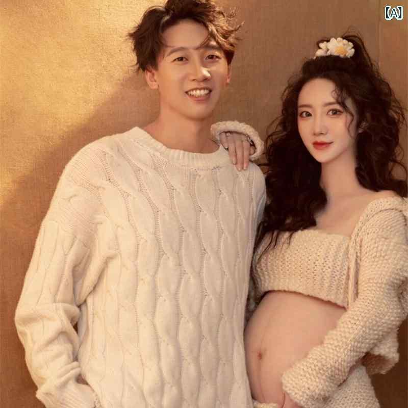 マタニティ おしゃれ ファッション 思い出 記念 写真 スタジオ 妊婦 カップル 撮影 韓国 セーター アート フリーサイズ シンプル かわいい セット ペアルック