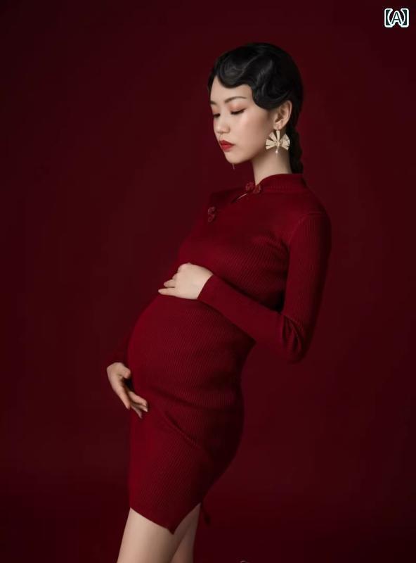 妊婦 フォト 衣装 マタニティ おしゃれ ファッション 写真 スタジオ 魅惑的 赤 チャイナドレス レトロ チャイナ風 アート ワンピース フリーサイズ レッド シンプル
