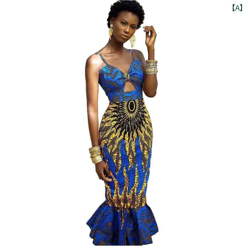 楽天ズボラ美レディース ファッション 南米 アフリカ 民族 アフリカン プリント ドレス フィッシュテール ロング スカート ワンピース