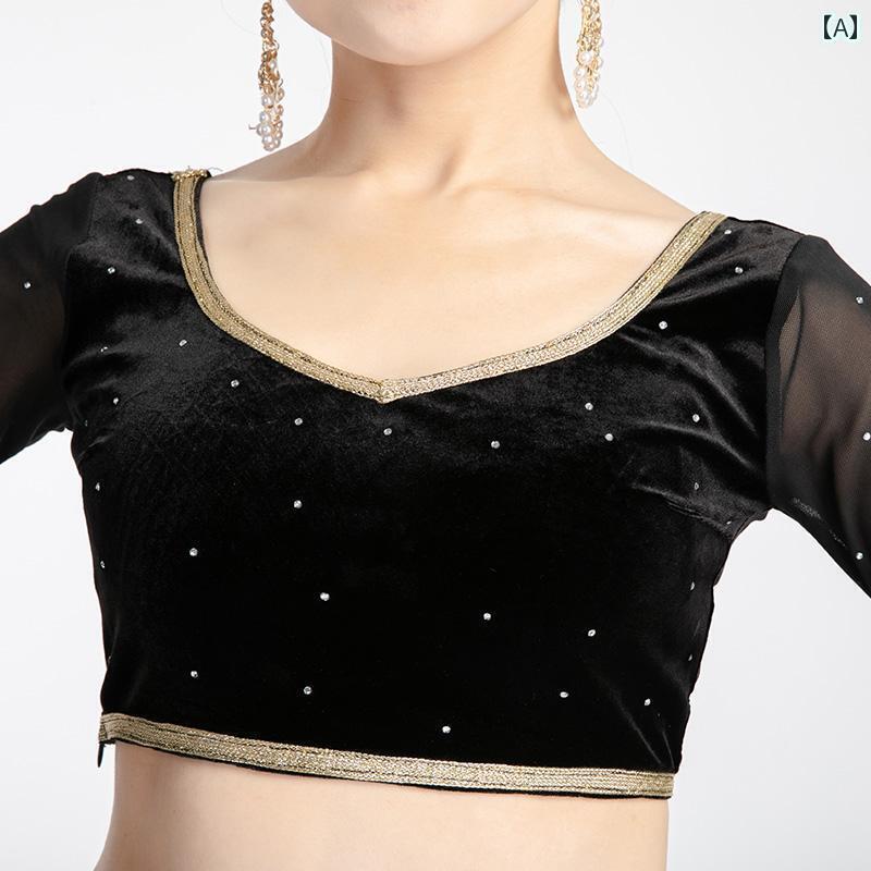 女性 エキゾチック インド ダンス 衣装 エスニック レディース パフォーマンス メッシュ ブラック ベルベット トップス