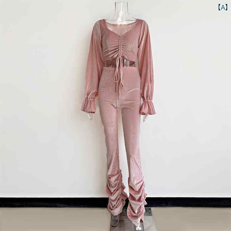 ファッション ホット ガール スーツ シンプル 韓国 ゆったり へそ出し 無地 長袖 ピンク ツーピース レディース