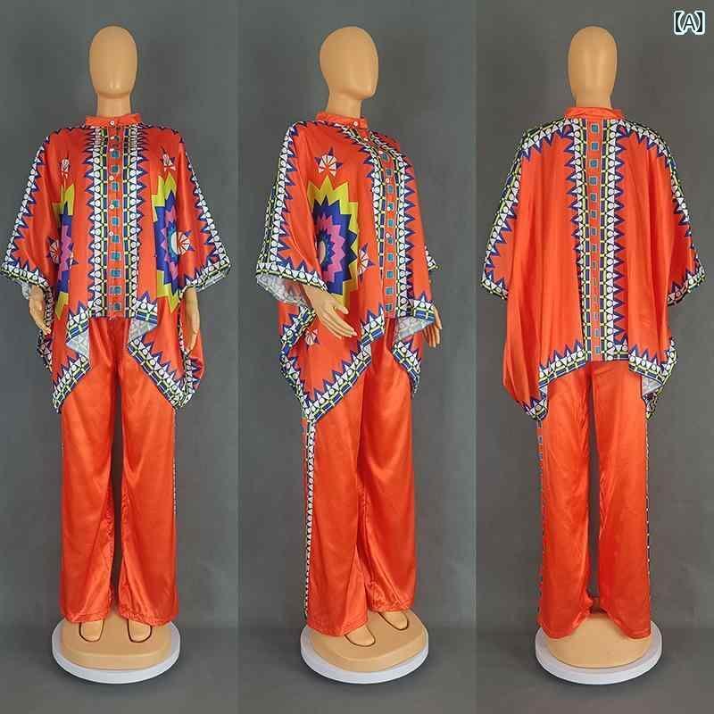 ファッション レディース 南米 アフリカ 民族 ドレス アメリカ 婦人服 シルク サテン プリント 大きいサイズ ズボン ツーピース スーツ