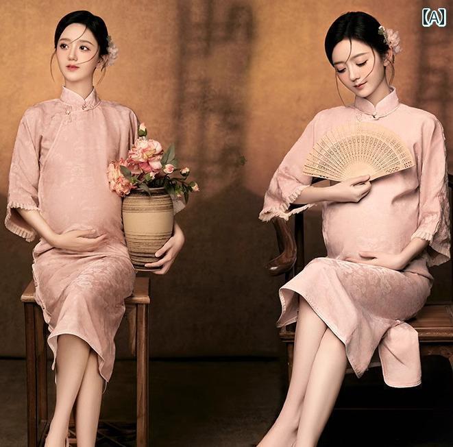 マタニティ おしゃれ ファッション フォト スタジオ 妊婦 写真 撮影 レトロ 中華風 チャイナドレス チャイナ風 レトロ 魅力 ママ アート フリーサイズ
