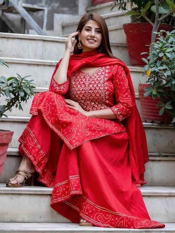 インド レディース ファッション 女性用 婦人服 赤 ラウンドネック 伝統的 トップス ショール 3点セット