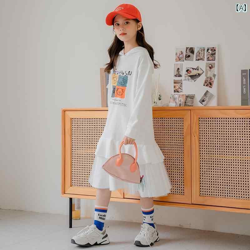 女の子 ワンピース キッズ ファッション 子供服 おしゃれ かわいい ドレス 春秋 長袖 フード付き スウェットシャツ スカート フランネル 韓国 1