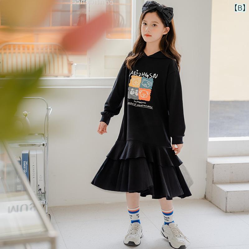 女の子 ワンピース キッズ ファッション 子供服 おしゃれ かわいい ドレス 春秋 長袖 フード付き スウェットシャツ スカート フランネル 韓国 2