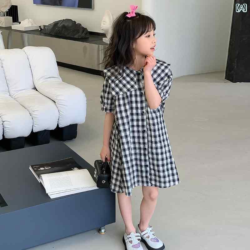 子供服 女の子 ワンピース かわいい ドレス 夏 綿 キッズ チェック柄 レトロ 文学 半袖 スカート 半袖 ガール 服