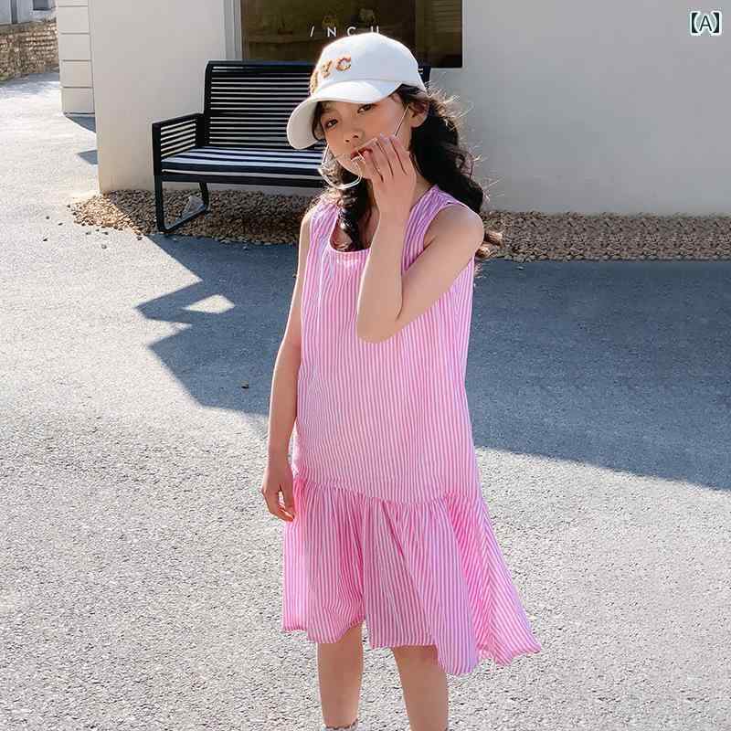 女の子 ドレス 夏 子供 キッズ ファッション ストライプ ベスト ノースリーブ ワンピース プリンセス スカート フリル フィッシュ テール 綿 韓国 通気性 かわいい