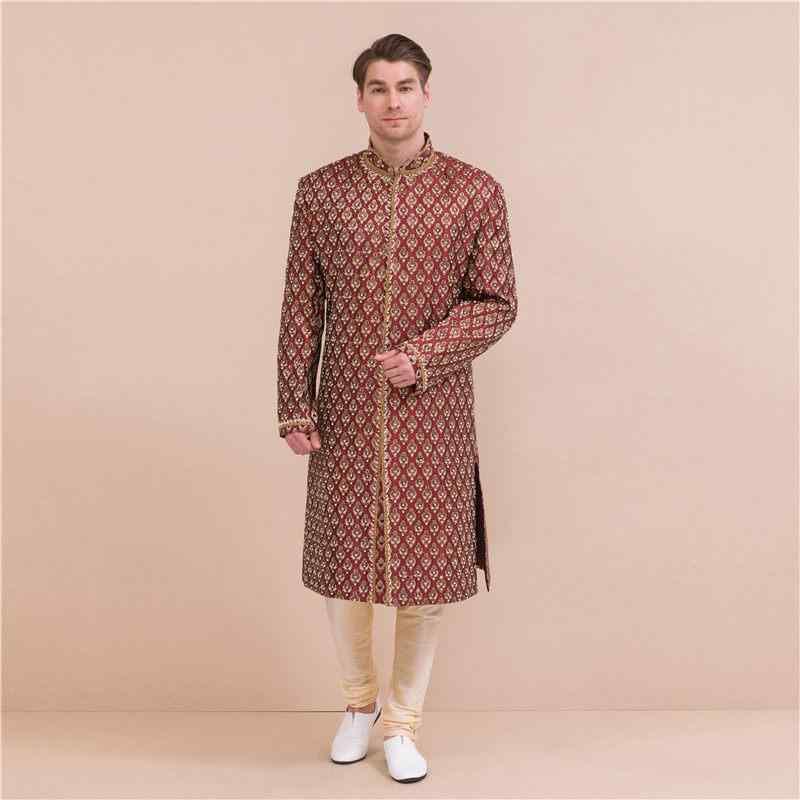民族衣装 インド ウェディング メンズ ファッション クルタ ゴージャス シルクコットン 伝統的 本格的 刺繍入り ビーズ 付き パンツ マルーン ミドル丈 トップス パンツ
