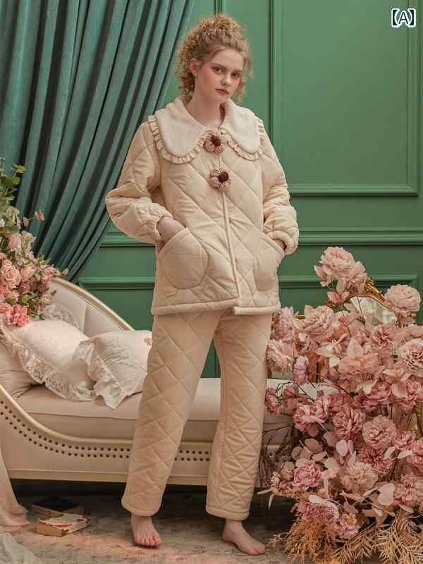 Chenxi 秋冬 女性用 パジャマ 3 層 キルティングと ベルベットの 厚手 暖かい 家庭 服 冬 綿の ジャケットは 屋外で 着用 できます