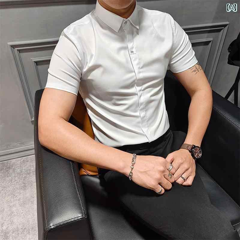 メンズ Yシャツ スタイリッシュ 男性 ファッション オールシーズン ビジネス カジュアル 夏 半袖 紳士 韓国 ハイエンド スリム フィット