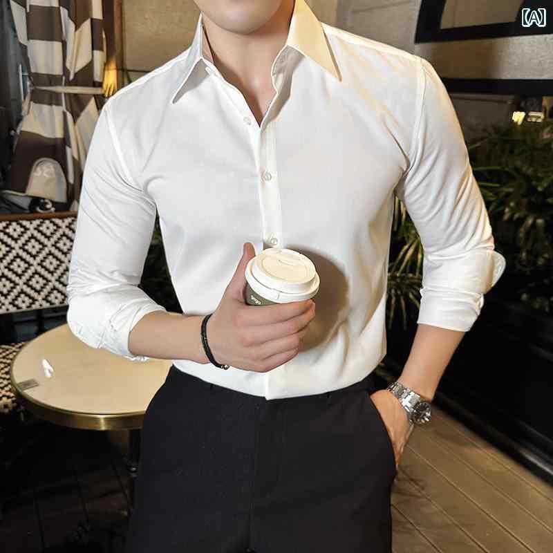 シャツ メンズ ビジネス おしゃれ 冷感 長袖 軽量 ストレッチ カーキ 大きいサイズ シンプル 男性 紳士 カジュアル ポリエステル