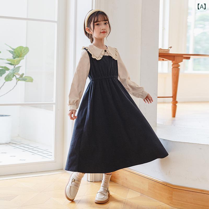 韓国 女の子 ワンピ かわいい コーデュロイ ドレス レース 襟 ウエスト 子供服 春秋 長袖 スカート プリンセス 清楚感