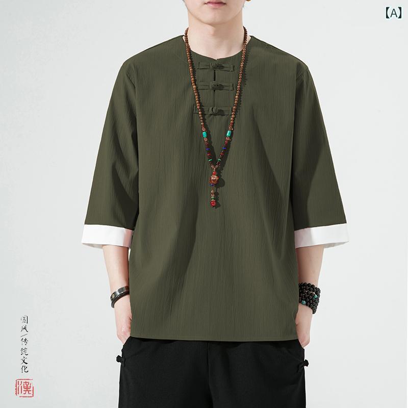 tシャツ 中国風 チャイナ風 メンズ 夏 薄手 半袖 Tシャツ メンズ 冷感 ディスク ボタン 七分袖 Tシャツ レトロ 漢服 トップス