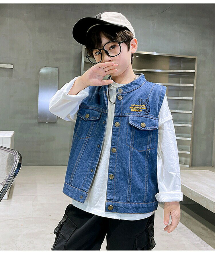ベスト デニムベスト 立ち襟 クルーネック 韓国子供服 韓国こども服 韓国こどもふく キッズ 女の子 ガールズ 男の子 ボーイズ 110 120 130 140 150 160cm 人気ブランドのデザインで春秋に最適な子供用カジュアルトップス 3