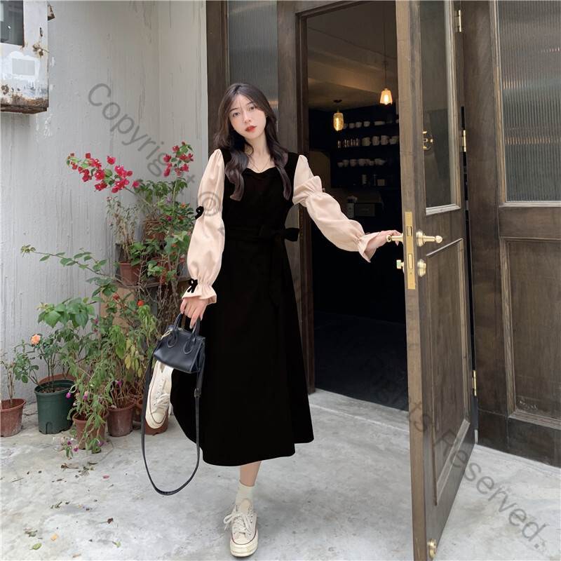 ワンピース ミモレ丈 フレア 長袖 スクエアネック ボリュームスリーブ ウエストリボン ハイウエスト 脚長効果 Aライン かわいい 大人可愛い きれいめ シンプル カジュアル 上品 おしゃれ 大人女子 こなれ感 ラフ ガーリー ワンピース L XL 2XL 3XL 4XL 黒 茶 無地(4)