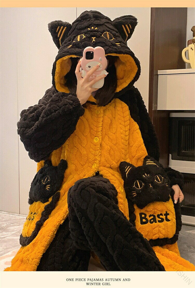 ルームウェア 着ぐるみ レディース ネコ柄 フード付き もこもこ暖かい パジャマ 寝巻き 寝間着 長袖 前..
