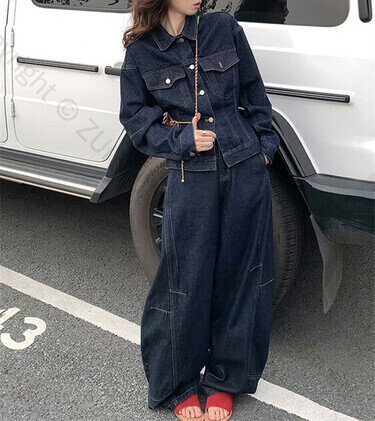 デニムセットアップ レディース デニムジャケット デニムワイドパンツ 上下セット ブルージーンズ こなれ感 マニッシュスタイル 韓国 人気 トレンド 新作 20代 30代 40代 ファッション お出かけ カジュアル おしゃれ着に最適な春夏秋向けコーディネート