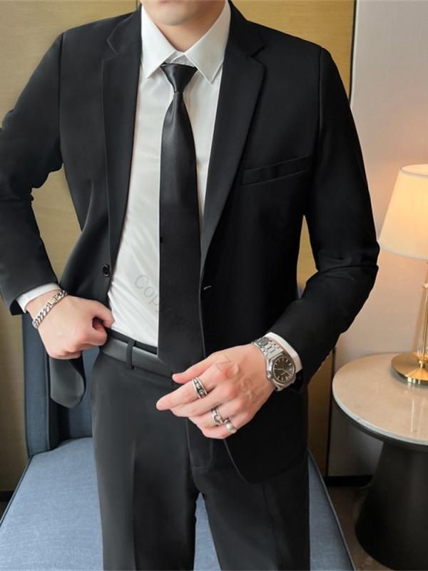 メンズ スーツ ジャケット 上下セット スリム 黒 ブラック カジュアル ビジネス フォーマル 韓国風 大きめ 花婿 付添人 友人 シングルブレスト テーラード 正統派 清潔感 無地 デイリー対応 おしゃれで着心地良い