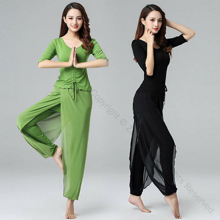 ダンス衣装 トップス パンツ レッスン着 セットアップ 伸縮性抜群 着心地良い 半袖 7分袖 ストレッチ生地 トップス シフォン素材 ロングパンツ ダンス練習着...