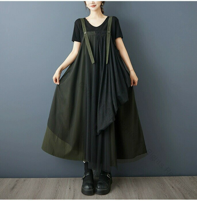 ジャンパースカート 大きいサイズ マキシ丈 ジャンスカ キャミワンピース レディース 春夏 異素材切替..