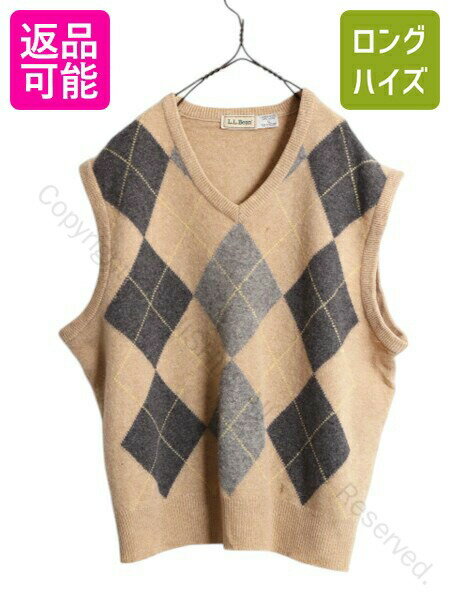 80s スコットランド製 エルエルビーン ラム ウール Vネック ニット ベスト メンズ XL ヴィンテージ 重ね着 アーガイル 大きいサイズ 古着 中古 LL...