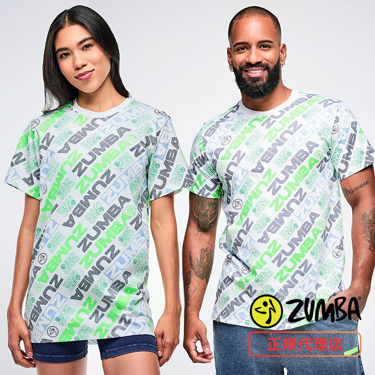ZUMBA ズンバ 正規品 ウェアユニセックス Tシャツ 半袖 総柄 ロゴ 丸首 トップス エクササイズ フィットネス ジム スポーツ ダンス ヨガ ウェア ズンバウェア ホワイト/グリーン Denim