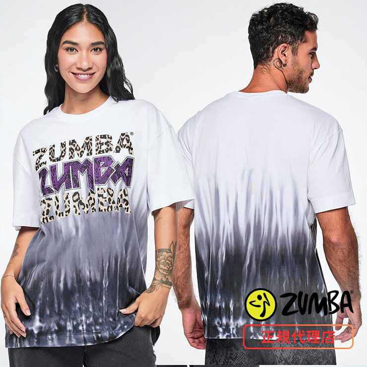 ZUMBA ズンバ 正規品 ウェア ユニセックス Tシャツ 半袖 オーバーサイズ ロゴ ヒョウ柄 アニマル柄 エクササイズ フィットネス ジム スポーツ ダンス ヨガ ウェア ズンバウェア ホワイト/ブラック F2