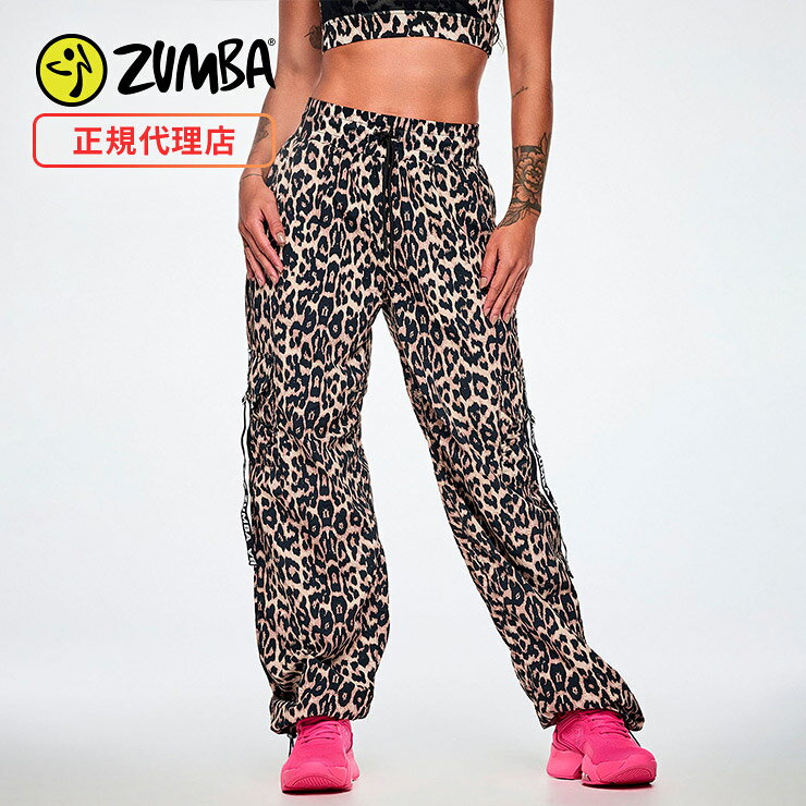 ZUMBA ズンバ 正規品 ウェア レディース カーゴパンツ レオパード ヒョウ柄 ロング ワイド リラックスシルエット エクササイズ フィットネス ジム スポーツ ダンス ヨガ ウェア ズンバウェア ブラック/タン F2