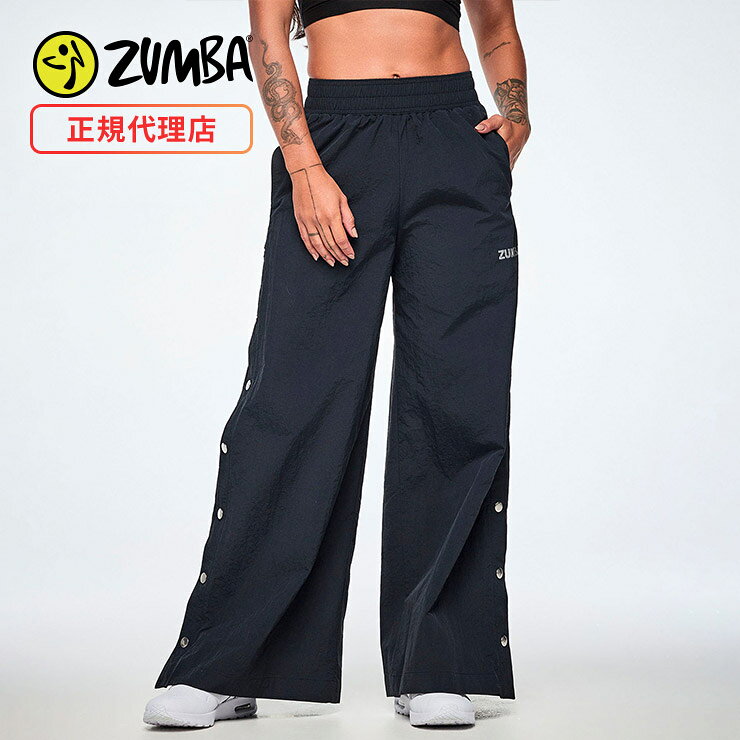ZUMBA ズンバ 正規品 ウェア レディース トラウザーパンツ ワイド サイドスナップ ロング ロゴ エクササイズ フィットネス ジム スポーツ ダンス ヨガ ウェア ズンバウェア ブラック F2