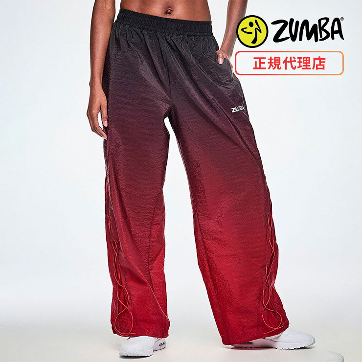 ZUMBA ズンバ 正規品 ウェア レディース ワイドパンツ グラデーション レースアップ ロゴ ハイウエスト ロング エクササイズ フィットネス ジム スポーツ ダンス ヨガ ウェア ズンバウェア レッド/ブラック F2