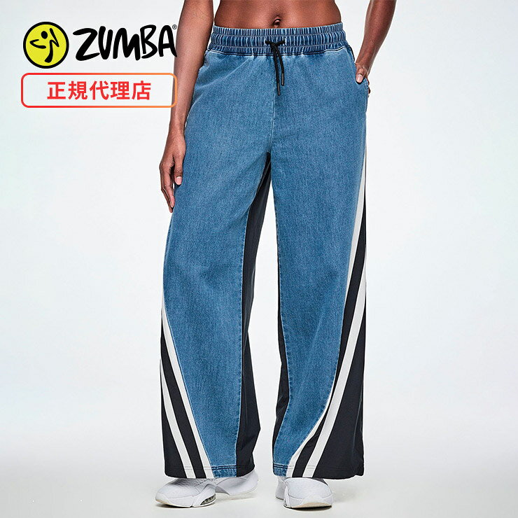 ZUMBA ズンバ 正規品 ウェア レディース パンツ ロングパンツ ウエスト紐 ウエストゴム ポケット サイドライン エクササイズ フィットネス ジム スポーツ ダンス ヨガ ウェア ズンバウェア デニム/ブラック DENIM/MESH_GRN
