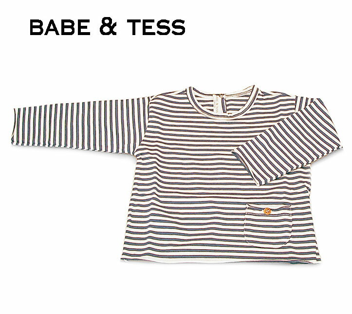 ≪BABE&TESS≫ ベイブ アンド テスボーダー スナップボタン付き ポケット付き　コットン ロングTシャツ border T shirt（Navy） 12ヶ月 18ヶ月 1歳 1歳半 ベビー キッズ