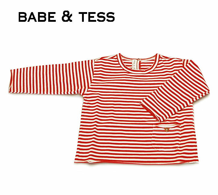 ≪BABE&TESS≫ ベイブ アンド テスボーダー スナップボタン付き ポケット付き　コットン ロングTシャツ border T shirt（Red） ベビー キッズ 12ヶ月 18ヶ月 1歳 1歳半 2歳