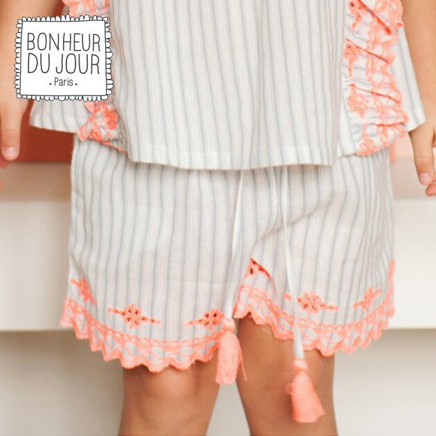 ≪BONHEUR DU JOUR≫ ボヌール・デュ・ジュール刺繍 フリル 半袖 シャツ プルオーバー ブラウス ブルー ストライプ GWEN STRIPES【2歳/3歳/6歳/7歳】【ベビー/キッズ/女の子】