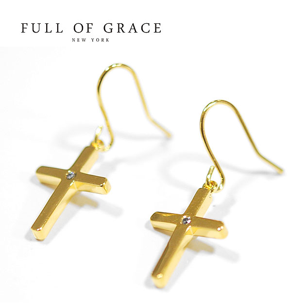 【再入荷】≪FULL OF GRACE≫ フルオブグレイスキュービックジルコニア パール 十字架クロス ゴールドピアス Pearl Gold Earrings (Gold) レディース