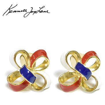 ≪Kenneth Jay Lane≫ ケネス・ジェイ・レーンホワイト ブルー レッド リボン イヤークリップ イヤリング ヴィンテージ Vintage Ribbon Earrings (Gold)【レディース】