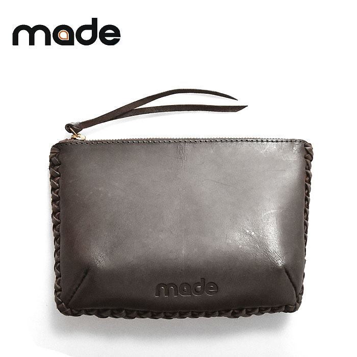 【訳あり商品 アウトレット】≪Made≫ メイド 本革 レザー 牛革 ブラウン 茶色 ポーチ クラッチバッグ ミニバッグ (Brown)【レディース】【ラッピング不可】
