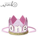≪Sweet Wink≫ スウィート ウィンク1歳 ONE 誕生日 クラウン 王冠 ヘアアクセサリー ピンク ラメ グリッター ヘアバンド 初誕生 スマッシュケーキ バースデー (Pink)