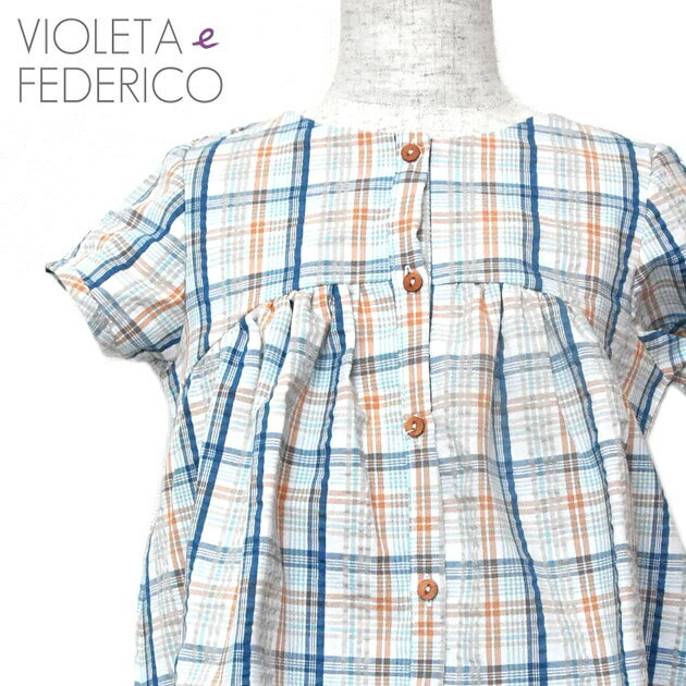 ≪Violeta e Federico≫ ヴィオレタ エ フェデリコ チェック 柄 ワンピース ブルー オレンジDRESS CLARA SHORT SLEEVE CAMP ベビー