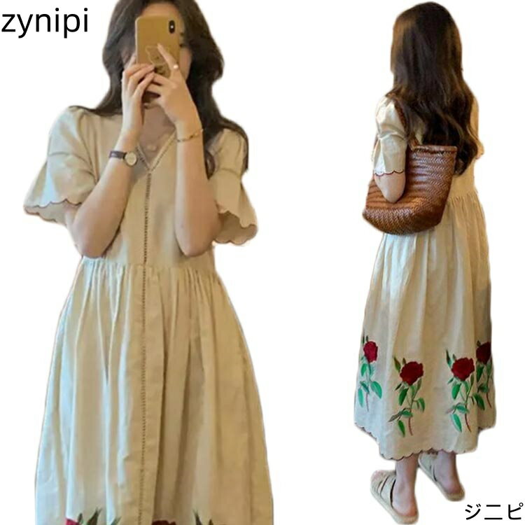 楽天ジニピレディース ワンピース リネン 夏物 大きサイズ ゆったり 刺繍 綿麻 ワンピ ロングワンピース Aライン 半袖 フラワー柄 着痩せ フェミニン おしゃれ シンプル カジュアル 送料無料 マタニティーウェア
