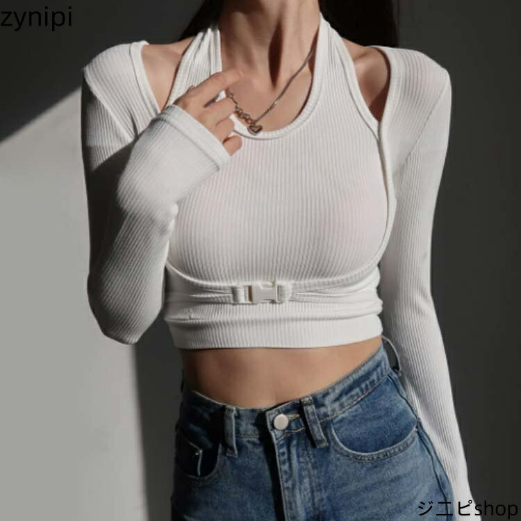 カットソー レディース へそ出し リブ トップス 重ね着 レイヤード風 ヒップホップ ダンス衣装 ヘソ出し ショート丈 長袖 tシャツ フロントバックル お腹見せ お腹出し ダンス 衣装 ダンスウェア 無地 おしゃれ かっファッション
