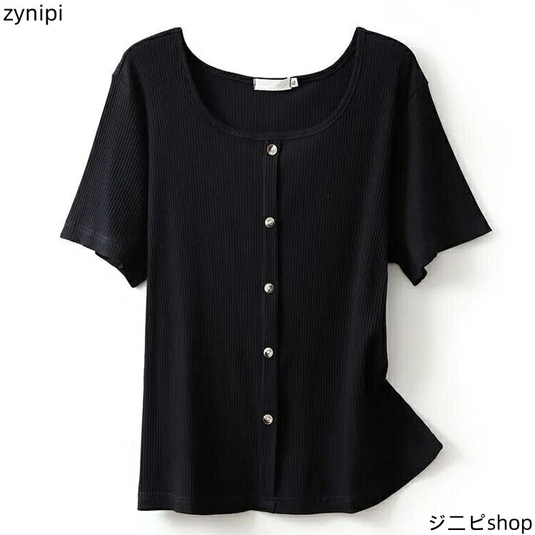 サマーニット 半袖 レディース トップス Tシャツ Uネック プルーオーバー リブニット リブ編み 着痩せ 飾りボタン 薄手 無地 柔らかい カジュアル おしゃれ 通勤 夏 送料無料
