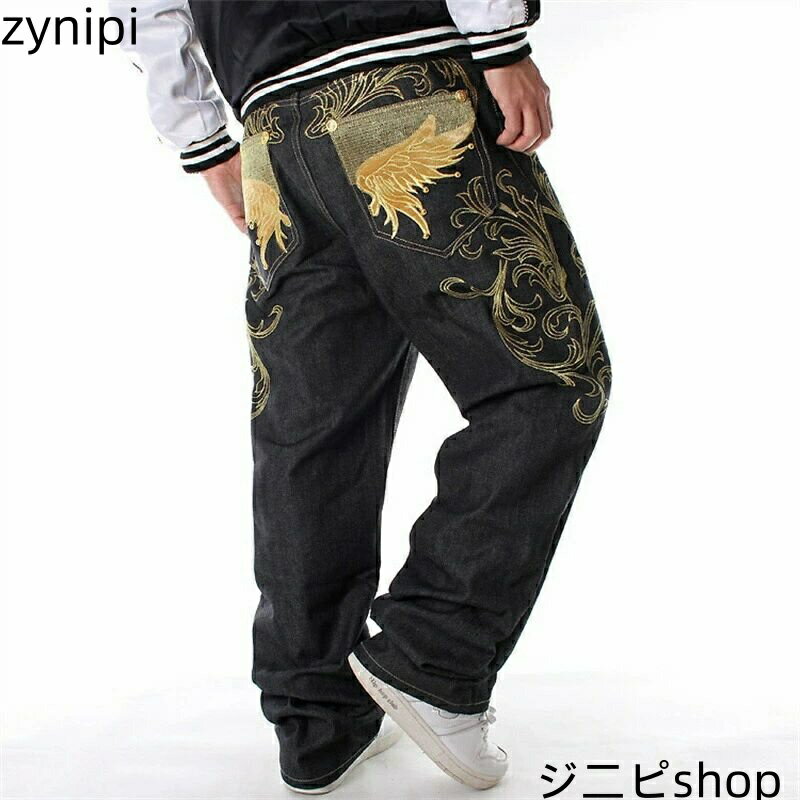 【スーパーSALE 10%OFF+P5倍】ジーンズ 刺繍入り パンツ オラオラ系 ヤクザ ヤンキー オラオラ デニム HIPHOP系 ズボン ちょいワル 極太 ヒップホップ シンプル