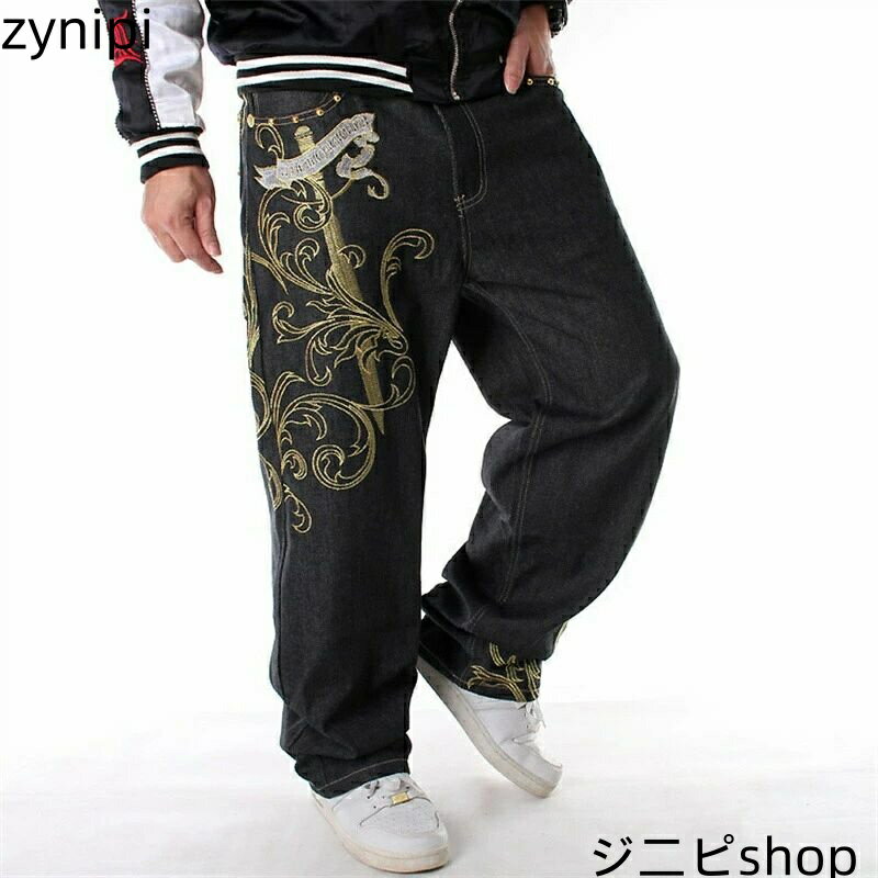 【スーパーSALE 10%OFF+P5倍】ジーンズ 刺繍入り パンツ オラオラ系 ヤクザ ヤンキー オラオラ デニム HIPHOP系 ズボン ちょいワル 極太 ヒップホップ シンプル