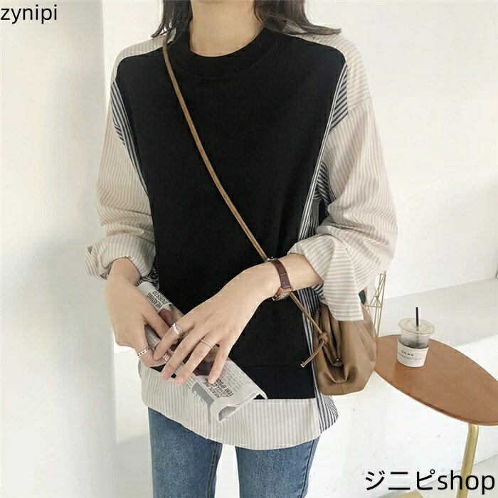【15日までクーポン利用で4018円→2812円】ブラウス シャツ 長袖 ラウンドネック 丸首 レイヤード風 重ね着 ストライプ オシャレ きれい カジュアル レディース チュニック 長袖 大人 かわいい 大きいサイズ ゆったり 春 春ブラウス 20代 30代 40代 50代 送料無料