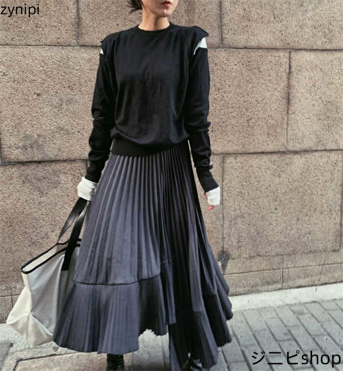 スカート ロング スカート プリーツ スカート 無地 レディース ボトムス ロング丈 ロングスカート 秋 冬 ウエストゴム ブリーツスカート 大きいサイズ 体型カバー 着痩せ 通勤 OL ミモレ丈 30代 40代 50代 アンバランス裾 不規則 送料無料