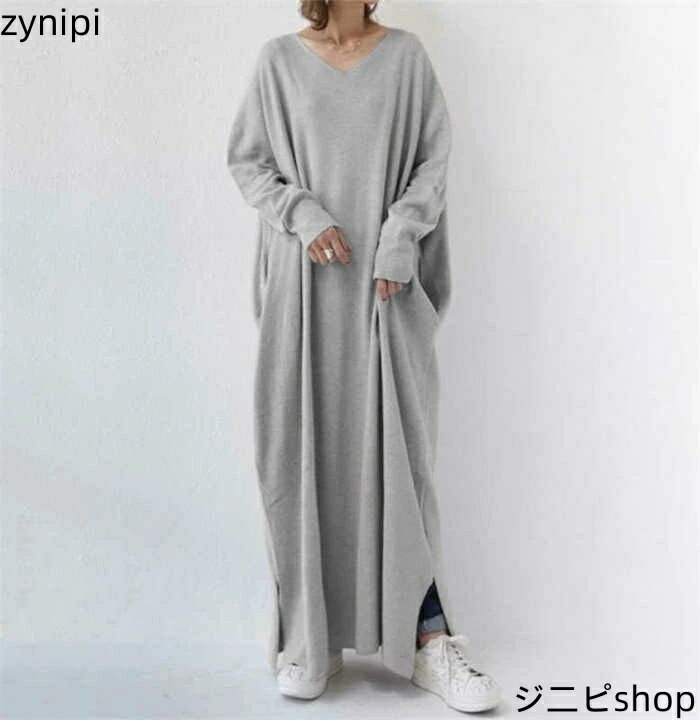 ワンピース ニットワンピース ニット レディース ロングワンピース ロング ワンピ 長袖 ロング丈 マキシ丈 ゆるっとワンピース 体型カバー 無地 ゆったり シンプル Vネック 大きいサイズ 春 秋 20代 30代 40代 50代 部屋着 カジュアル おしゃれ 送料無料