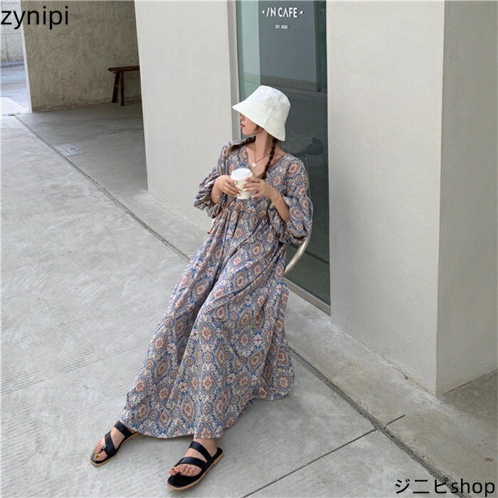 ワンピース レディース ロングワンピース フレアワンピース ロング丈 ワンピ ロング マキシ丈 綿麻調 キレイめ 長袖 七分袖 花柄 フレアワンピース 上品 体型カバー ゆったり シンプル かわいい 春 夏 秋 大きいサイズ カジュアル 20代 30代 40代 50代 送料無料