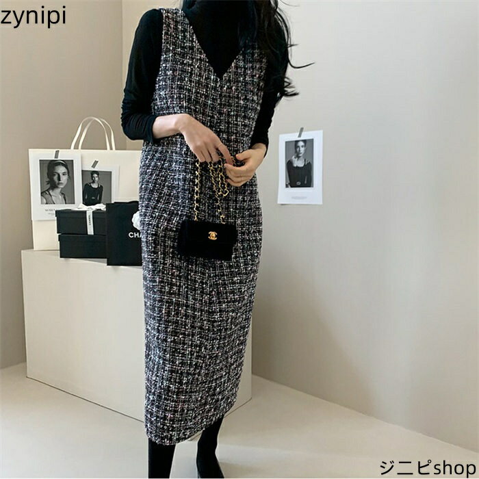 ベストワンピース ノースリーブ ジャンパースカート ロング ワンピース サロペットワンピース レディース ロング丈 Vネック ゆったり 通勤 OL 重ね着 秋 冬 レイヤード風 可愛い おしゃれ 体型カバー 着痩せ 結婚式 フォーマル 送料無料